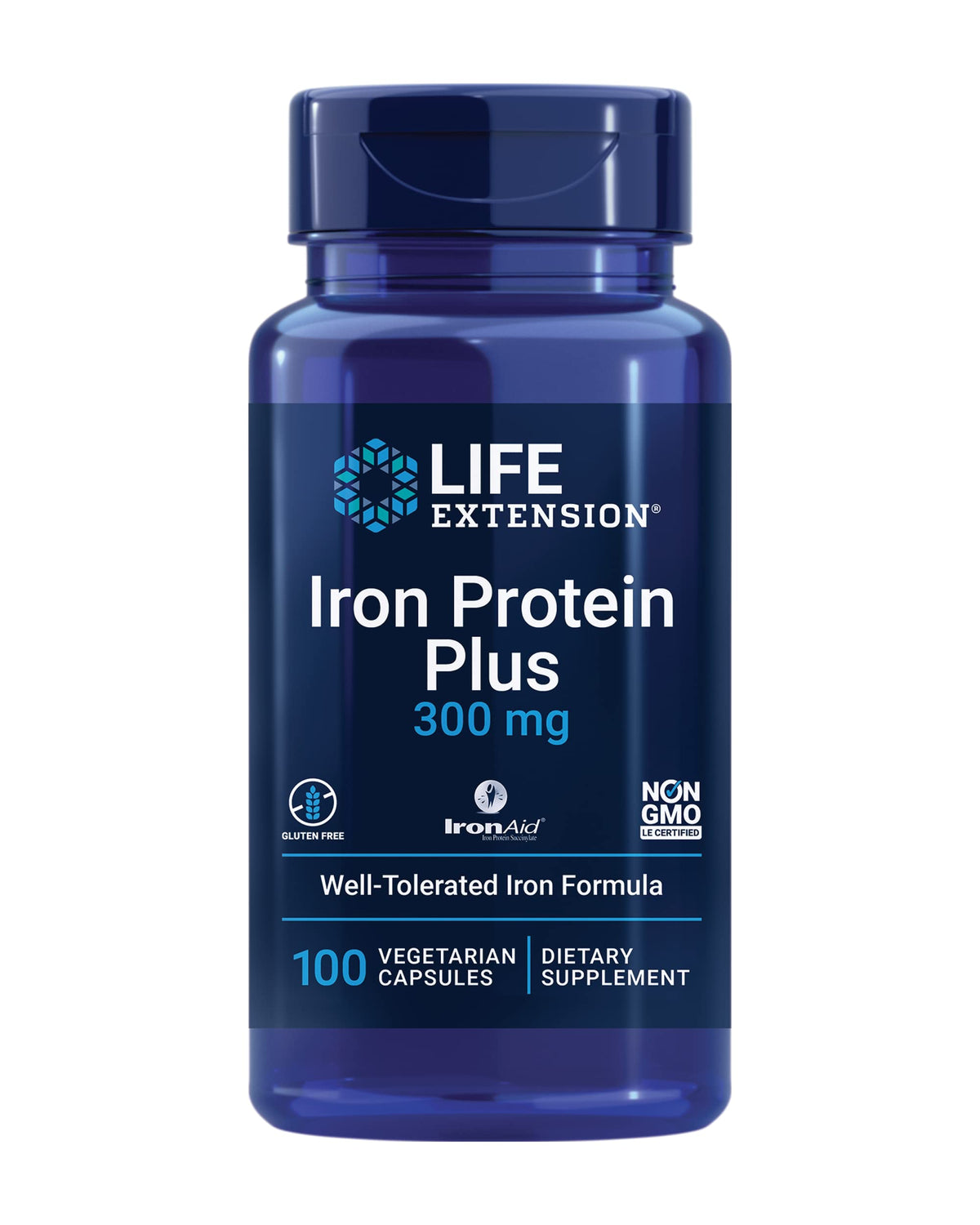 Flacon de Life Extension Fer Protein Plus 100 capsules vue de face