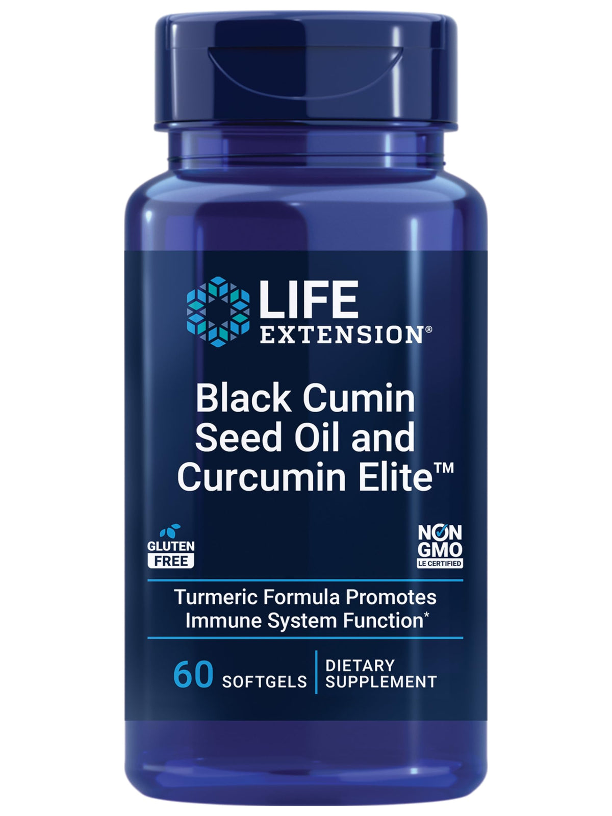 Flacon de Life Extension Huile de Graines de Cumin Noir et Curcuma Elite 60 gélules