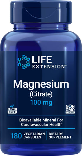 Flacon de Life Extension Magnésium Citrate 100 mg 180 gélules végétariennes
