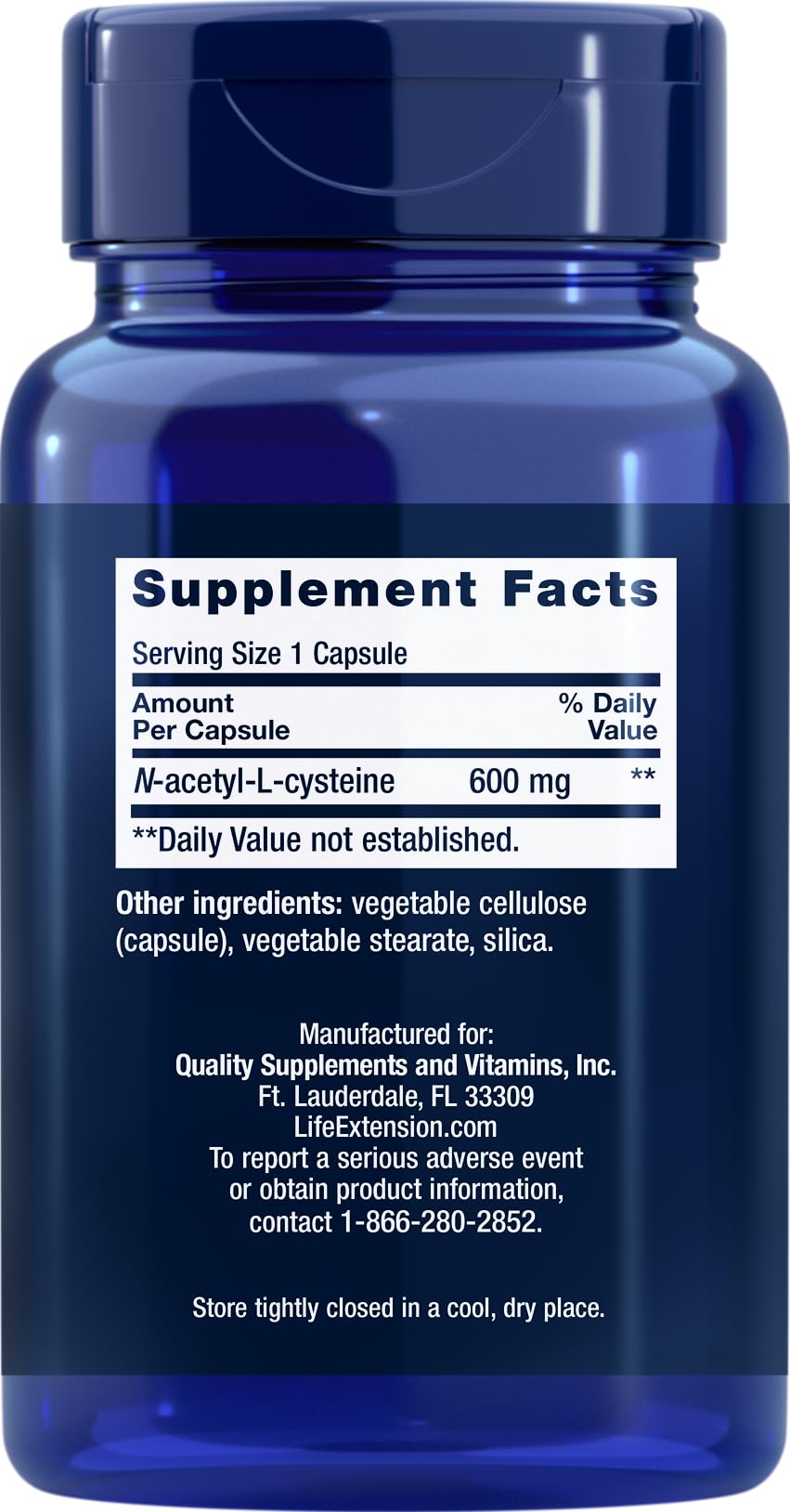 Flacon de Life Extension N-Acetyl-L-Cysteine avec capsules visibles