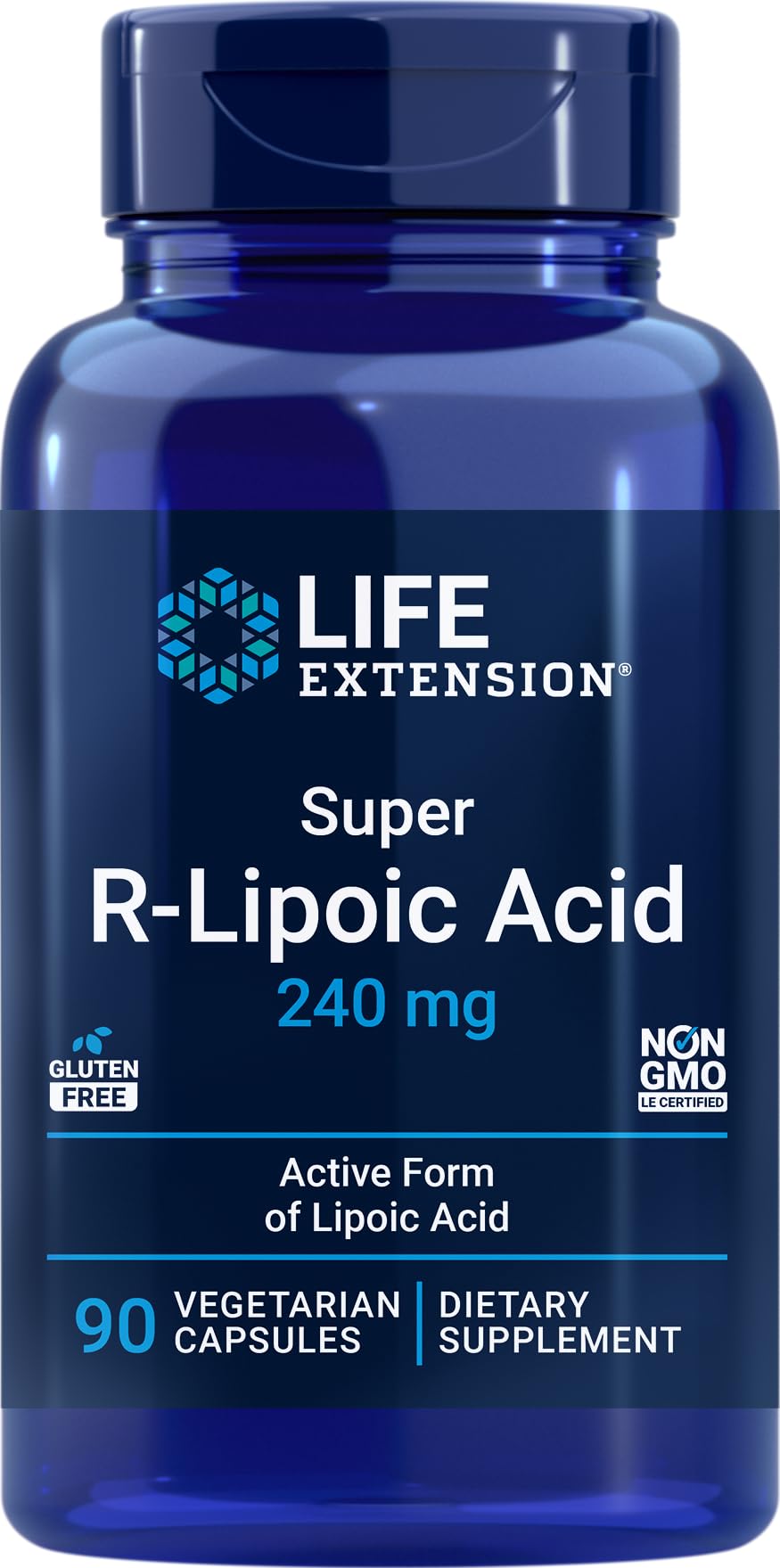 Flacon de Life Extension Super R Lipoic Acid 240mg, 90 capsules végétariennes vue de face