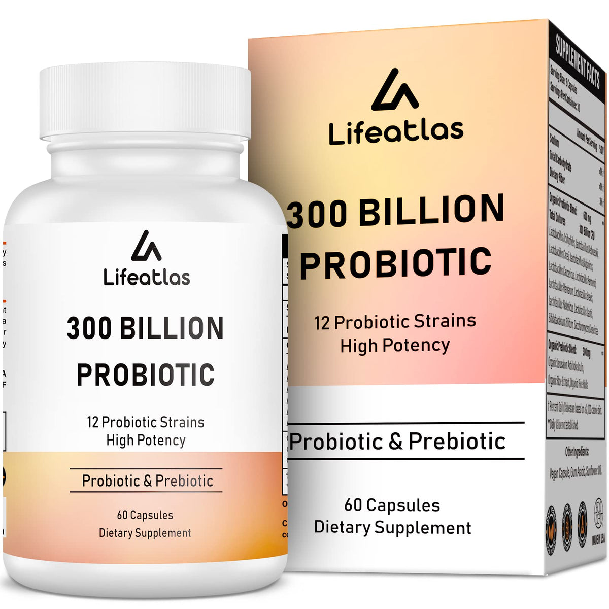 Flacon de Lifeatlas Probiotiques 300 Milliards CFU, 60 capsules