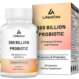 Flacon de Lifeatlas Probiotiques 300 Milliards CFU, 60 capsules