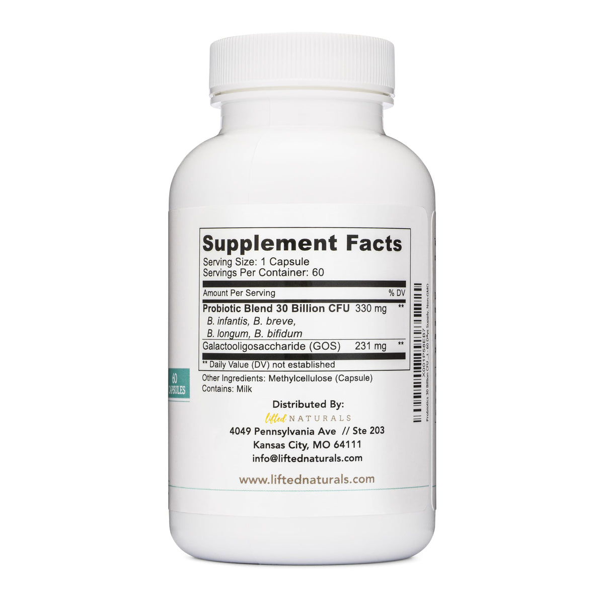 Flacon de Lifted Naturals Probiotiques avec capsules à côté