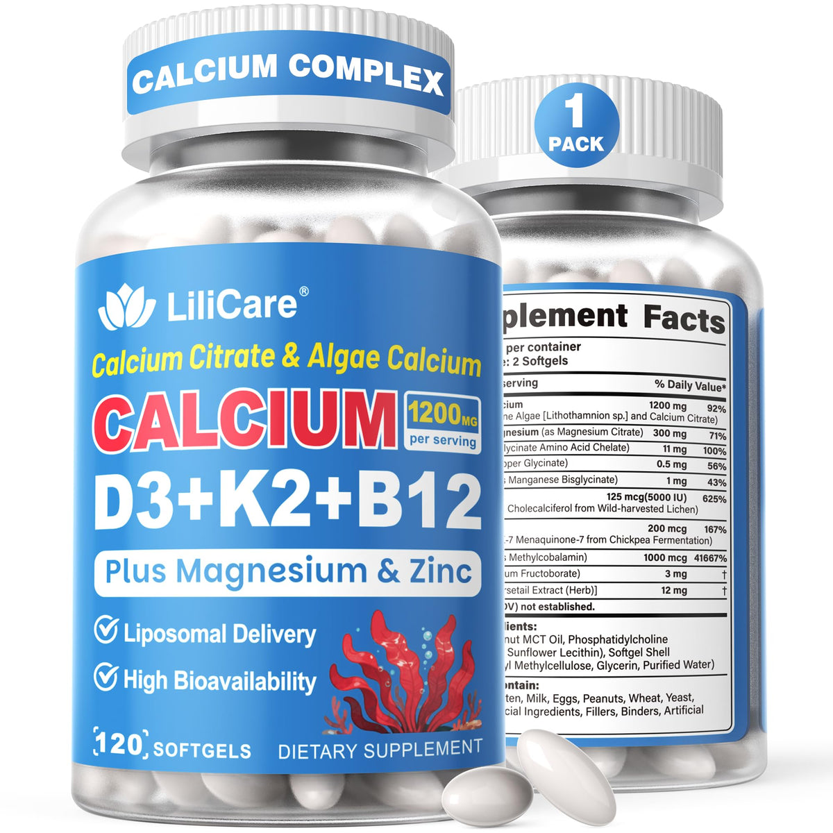 Flacon de LILICARE Calcium 1200 mg avec Vitamine D3 K2 120 gélules