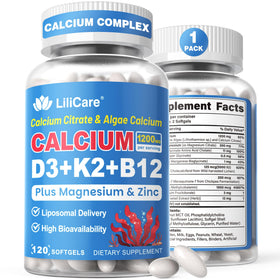 Flacon de LILICARE Calcium 1200 mg avec Vitamine D3 K2 120 gélules