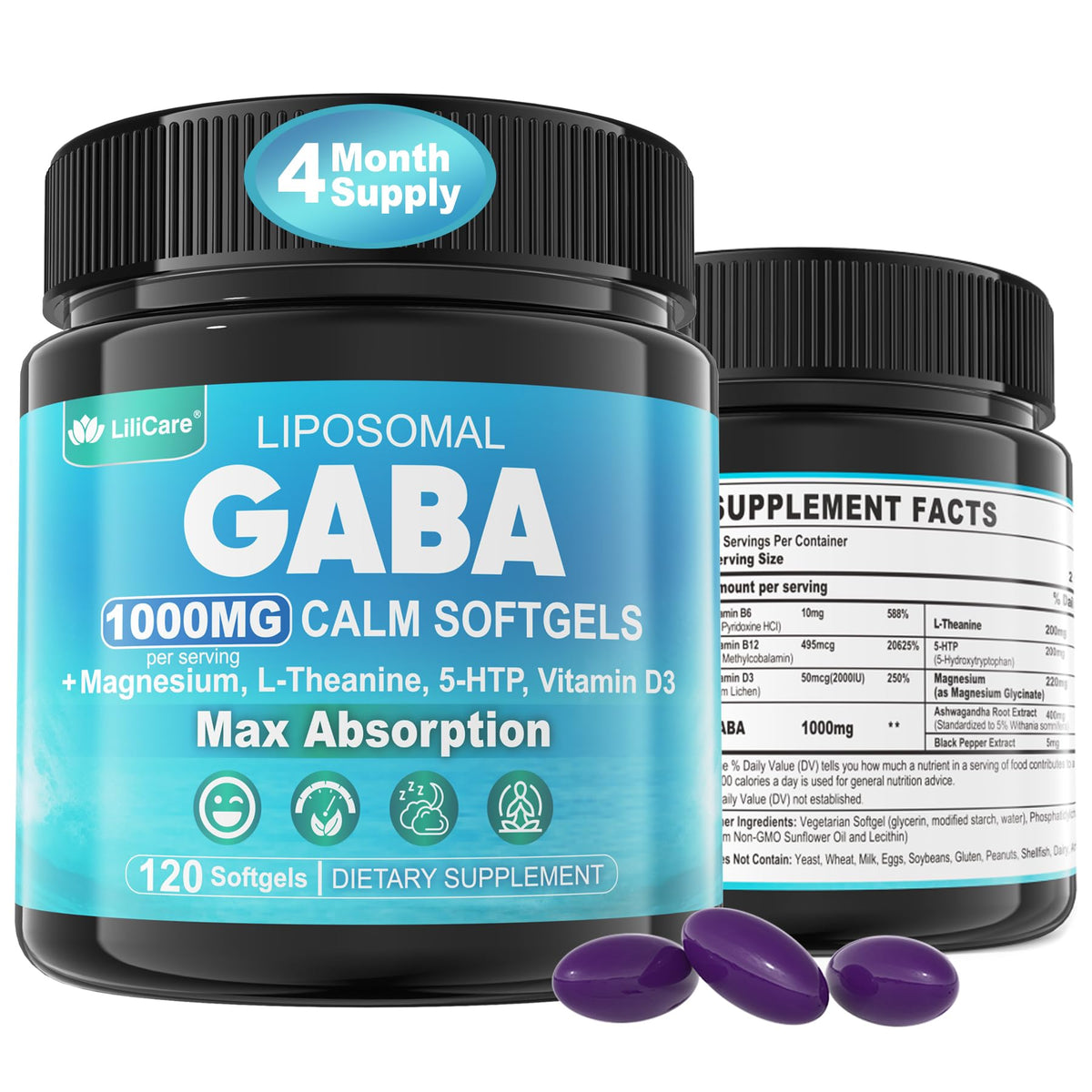 Flacon de LILICARE GABA 1000mg avec 120 gélules