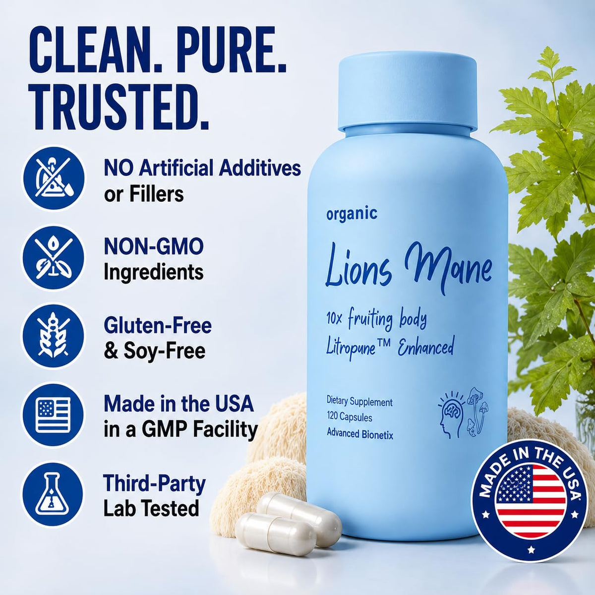 Flacon de Lion's Mane Advanced Bionetix avec des capsules à côté