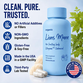 Flacon de Lion's Mane Advanced Bionetix avec des capsules à côté
