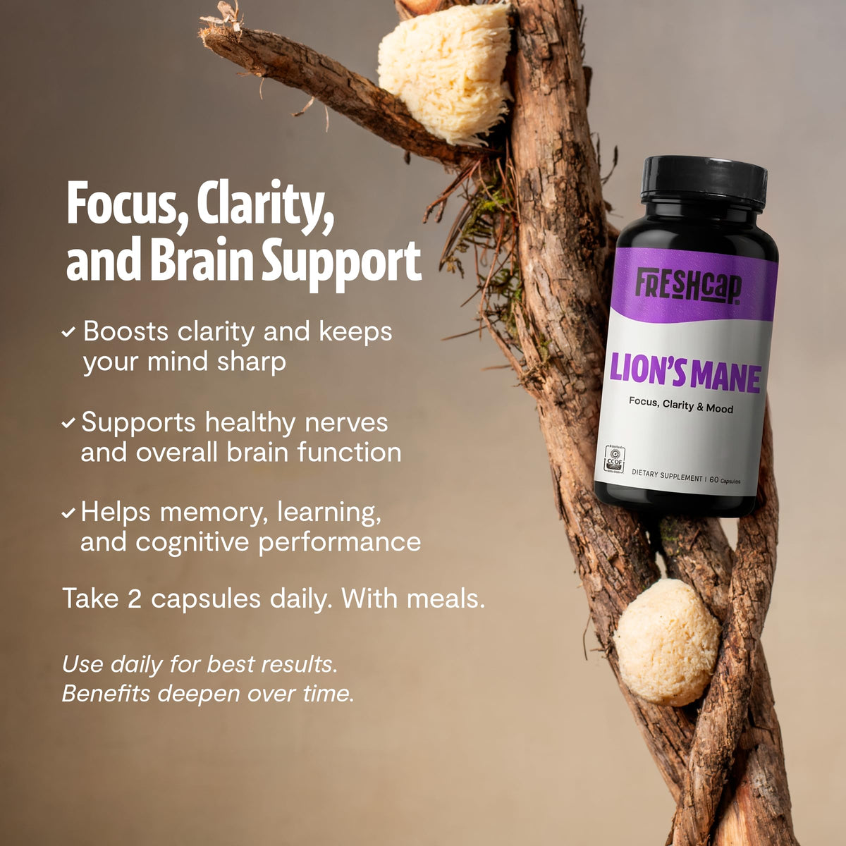 Flacon de Lion's Mane FreshCap ouvert avec capsules visibles