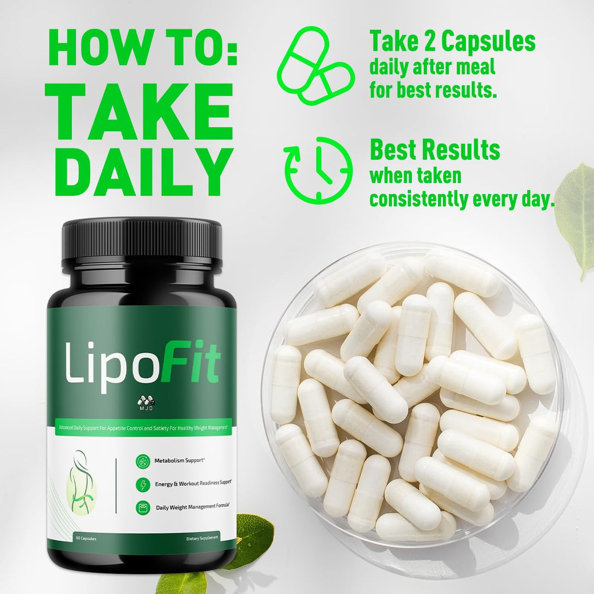 Flacon de Lipo Fit Capsules MJO avec étiquette claire