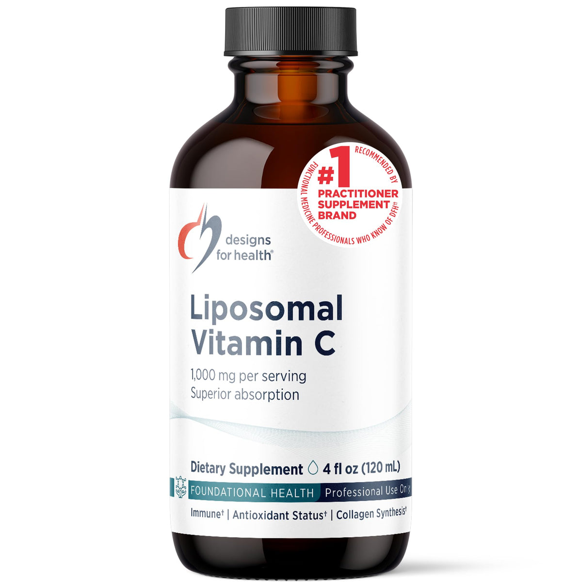Flacon de Liposomal Vitamin C Liquide 1000mg de Designs for Health, vue de face
