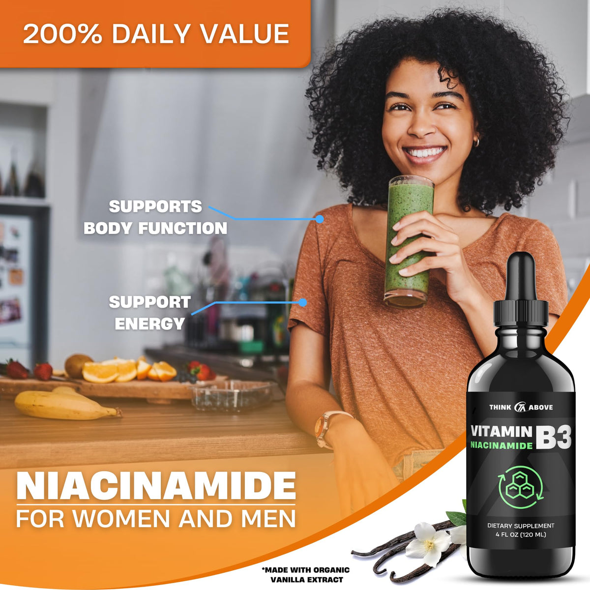 Flacon de liquide Niacinamide B3 Think Above avec bouchon, vue latérale