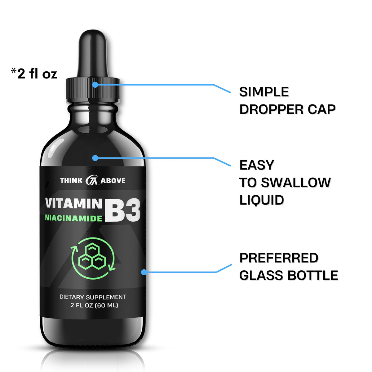 Flacon de liquide Niacinamide B3 Think Above sur une surface en bois