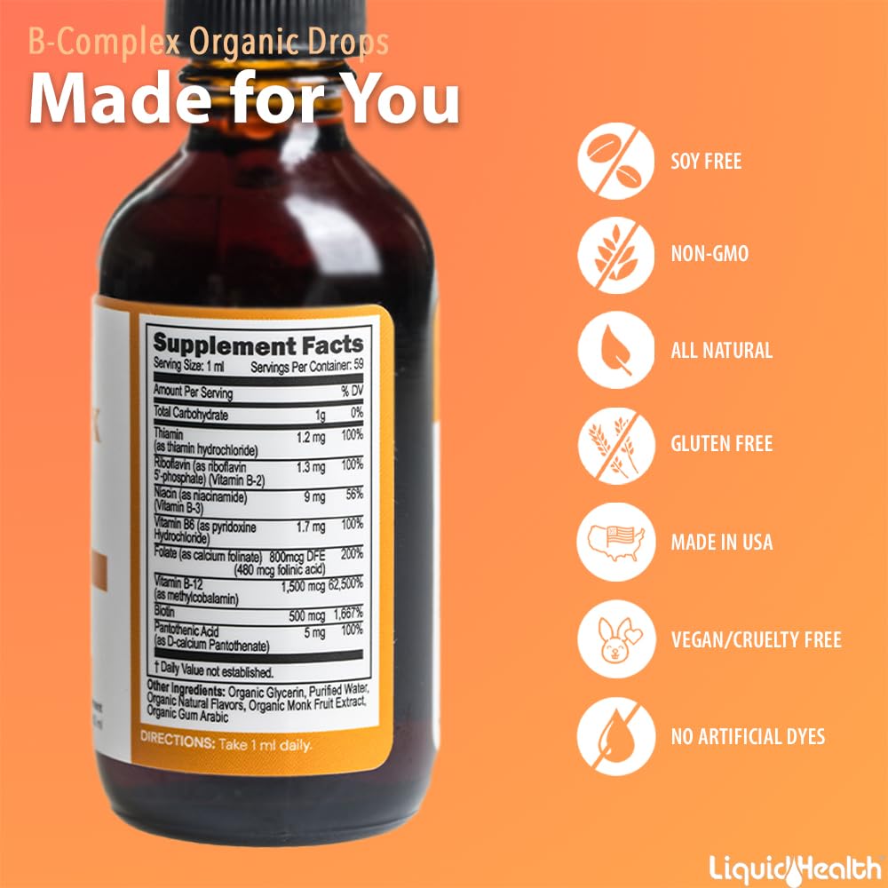 Flacon de LIQUIDHEALTH B-Complex sur une table en bois