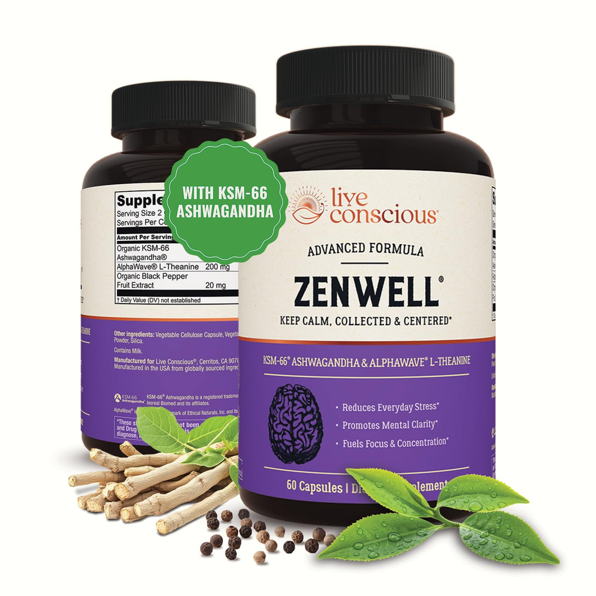 Flacon de Live Conscious KSM-66 Ashwagandha 60 capsules