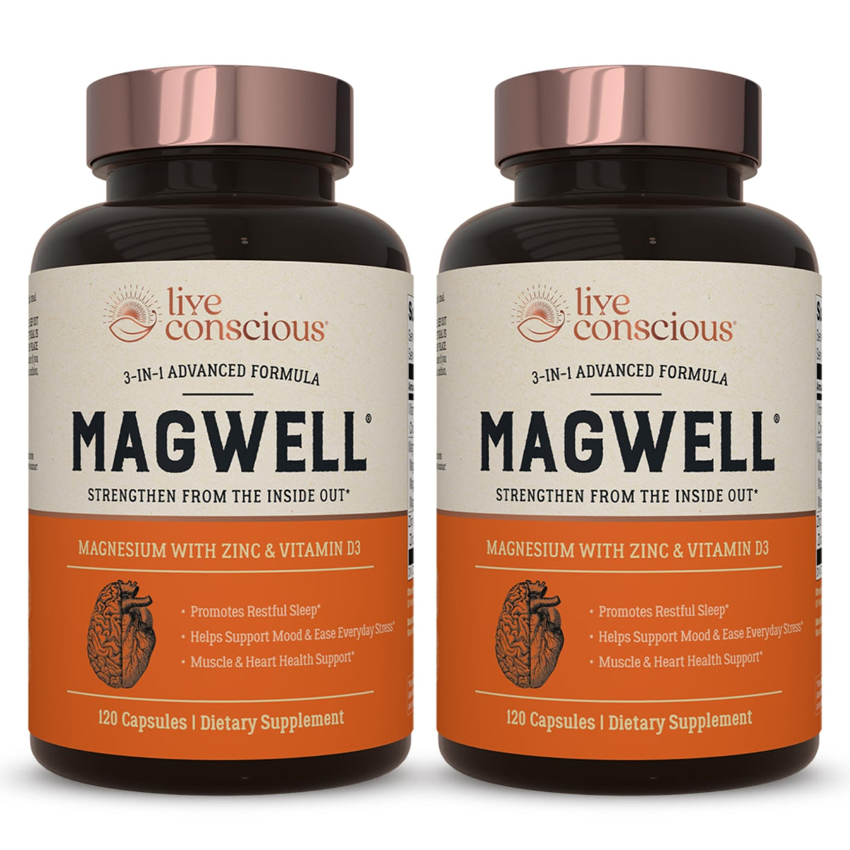Flacon de Live Conscious Magnésium Zinc Vitamine D3 120 capsules vue de face
