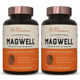Flacon de Live Conscious Magnésium Zinc Vitamine D3 120 capsules vue de face