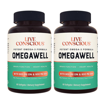 Flacon de Live Conscious OmegaWell avec 120 gélules d'huile de poisson