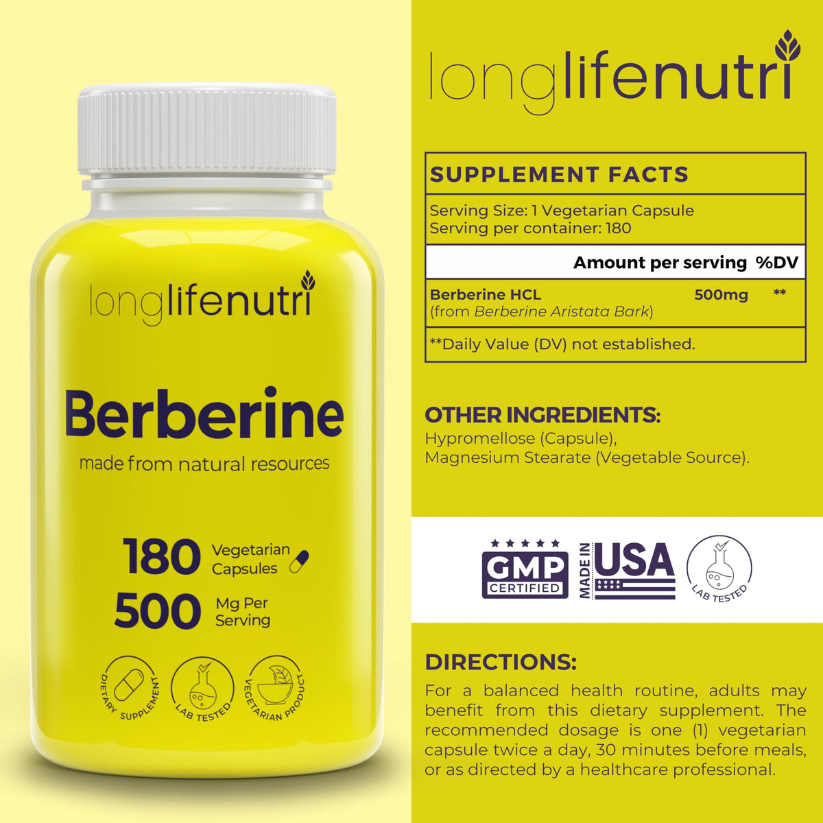 Flacon de LongLifeNutri Berbérine 500mg HCL avec 180 capsules