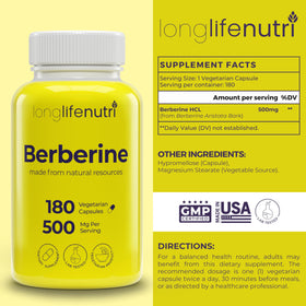Flacon de LongLifeNutri Berbérine 500mg HCL avec 180 capsules