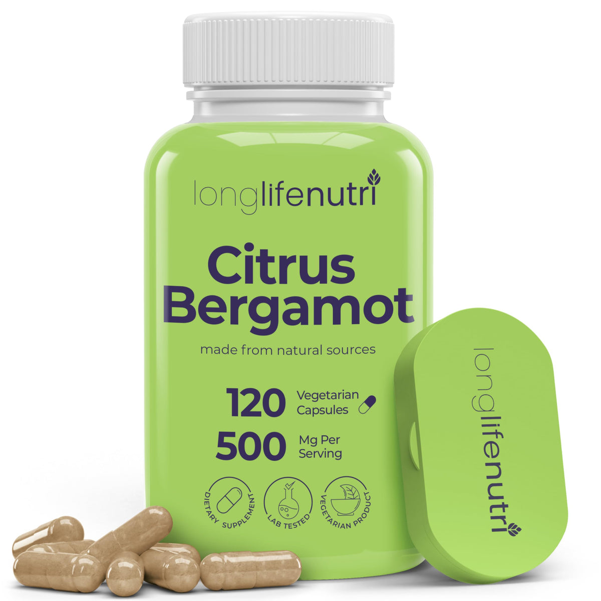 Flacon de LongLifeNutri Extrait de Bergamote Citron 500mg avec 120 gélules végétariennes