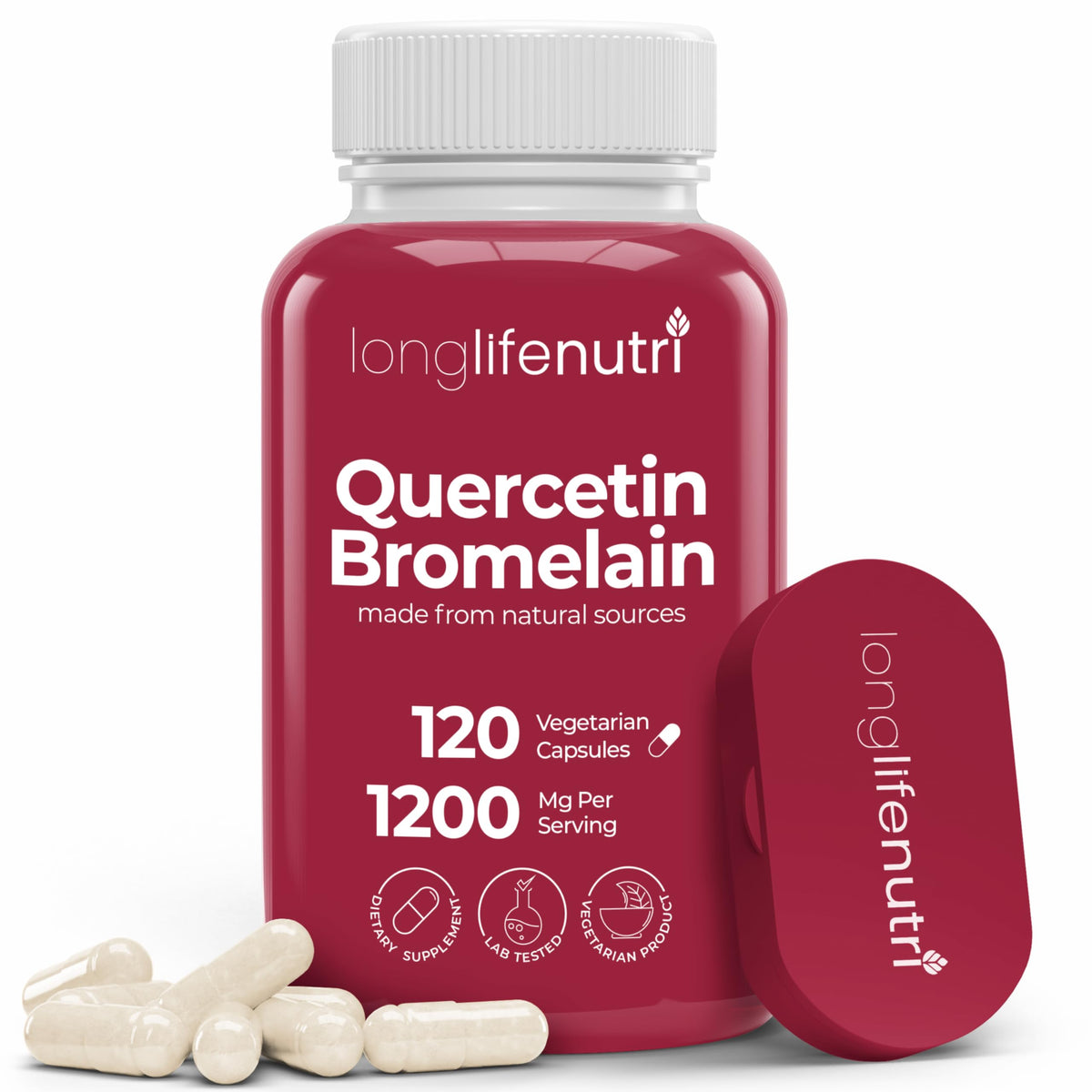 Flacon de LongLifeNutri Quercetine 1000mg avec Broméline 200mg, 120 gélules végétariennes