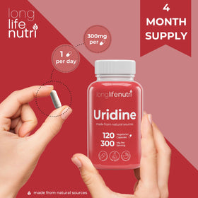 Flacon de LongLifeNutri Uridine Monophosphate 300 mg sur une table