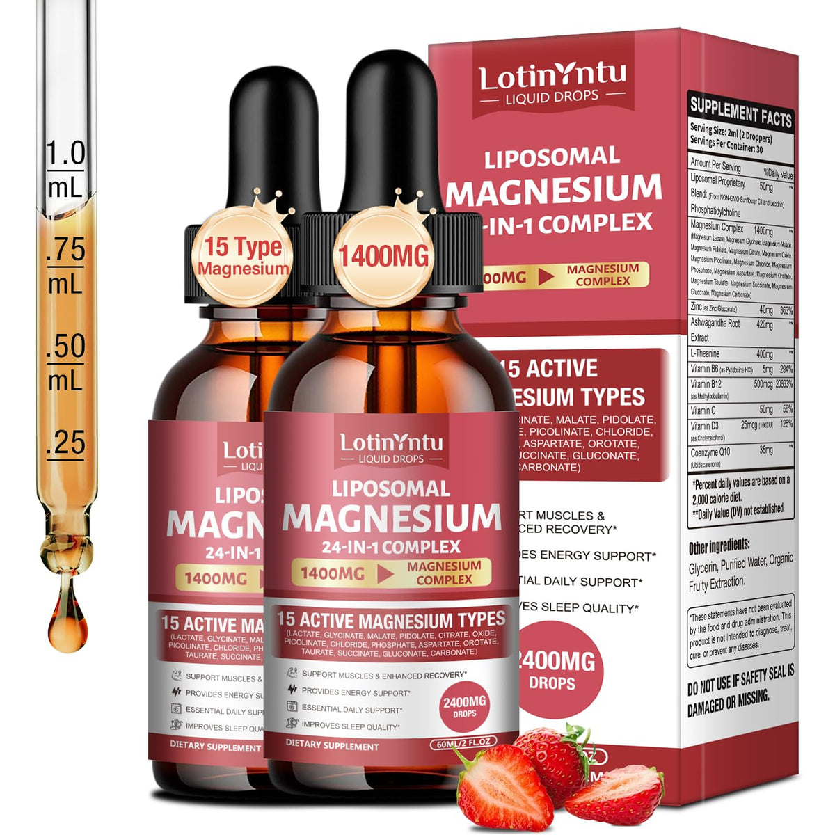 Flacon de LotinYntu Complément Alimentaire Magnésium 1400mg 24-en-1 vue de face