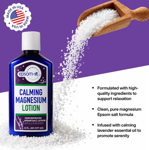 Flacon de lotion de magnésium EPSOM-IT avec lavande sur fond blanc