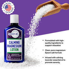 Flacon de lotion de magnésium EPSOM-IT avec lavande sur fond blanc