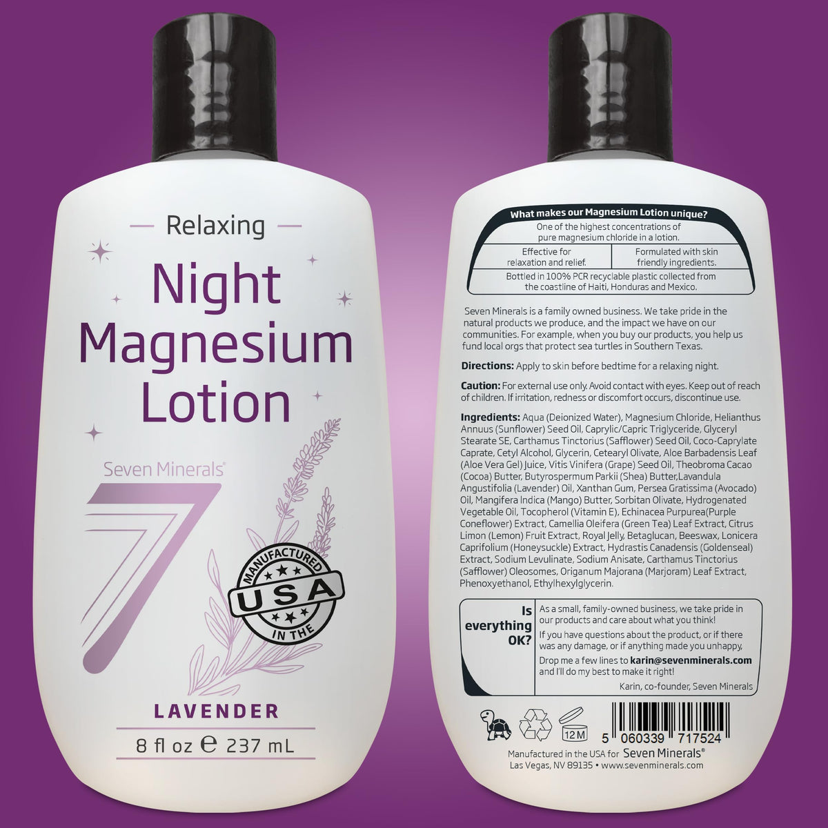 Flacon de lotion de magnésium lavande Seven Minerals sur une table