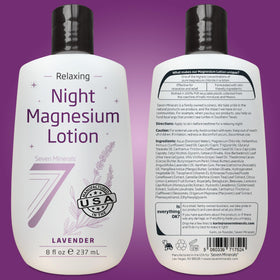 Flacon de lotion de magnésium lavande Seven Minerals sur une table