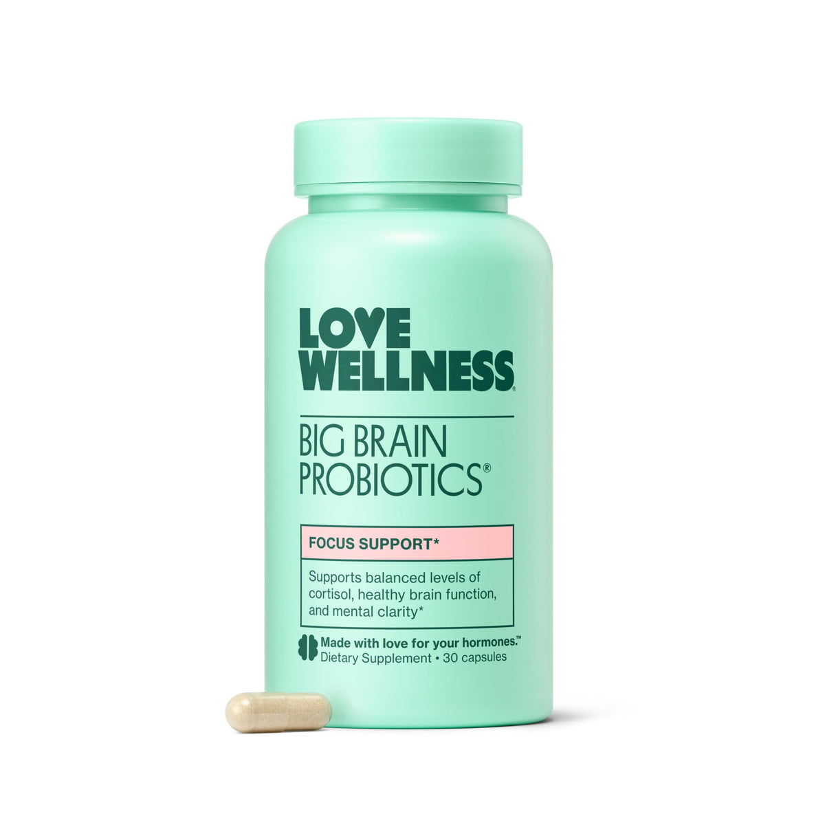 Flacon de Love Wellness Big Brain Probiotic 30 capsules vue de face