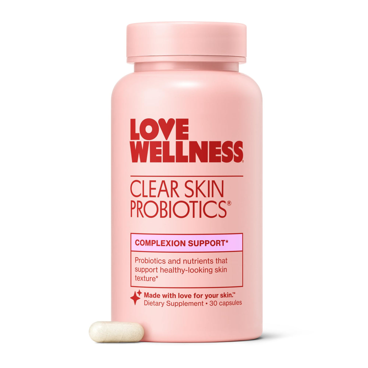 Flacon de Love Wellness Complément Alimentaire Probiotique Peau Claire 30 Ct vue de face