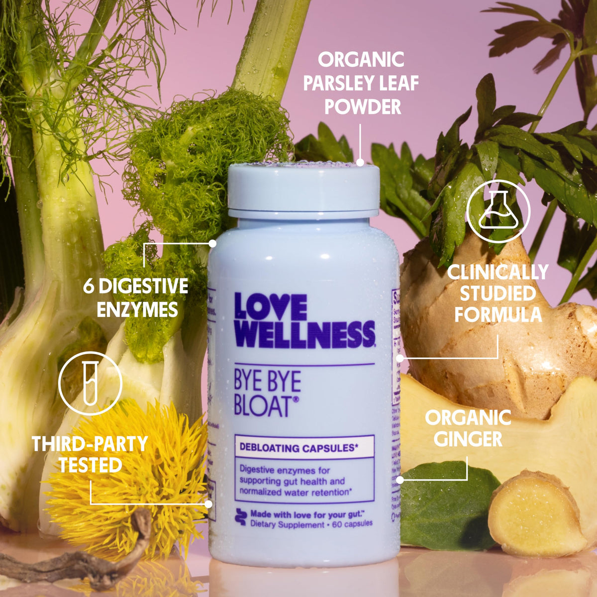 Flacon de Love Wellness ouvert montrant les capsules à l'intérieur