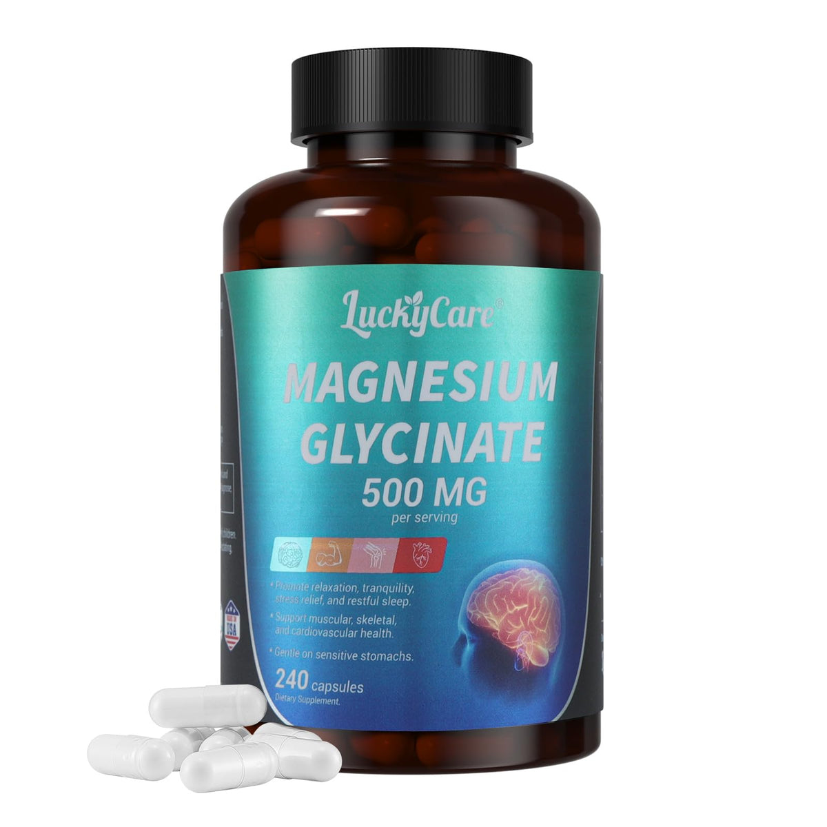 Flacon de Luckycare Magnésium Glycinate 500mg avec 240 capsules