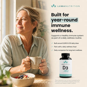 Flacon de Luma Nutrition D3 K2 ouvert avec gélules