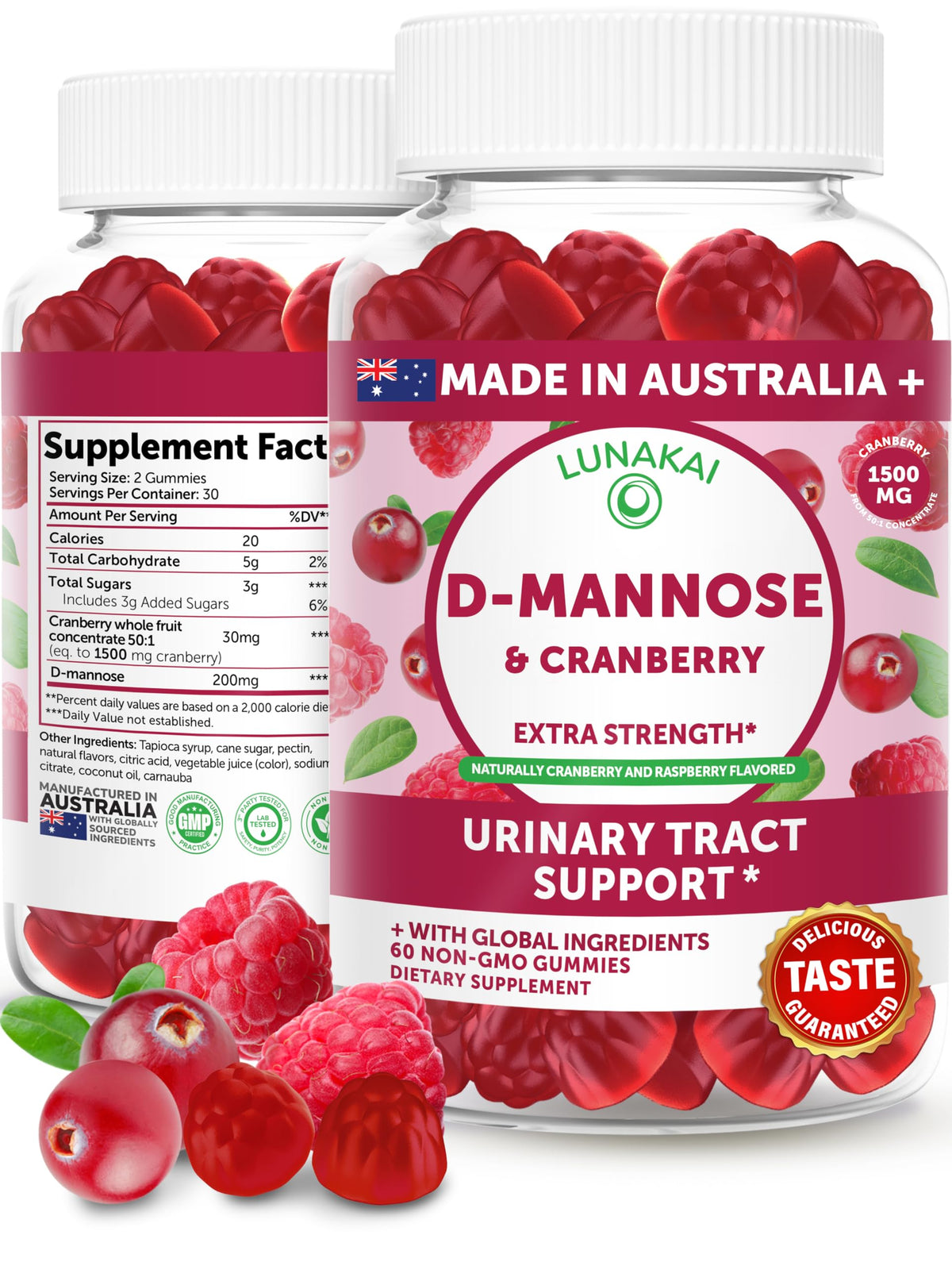 Flacon de Lunakai Gummies de Canneberge 1500mg avec D-Mannose 200mg