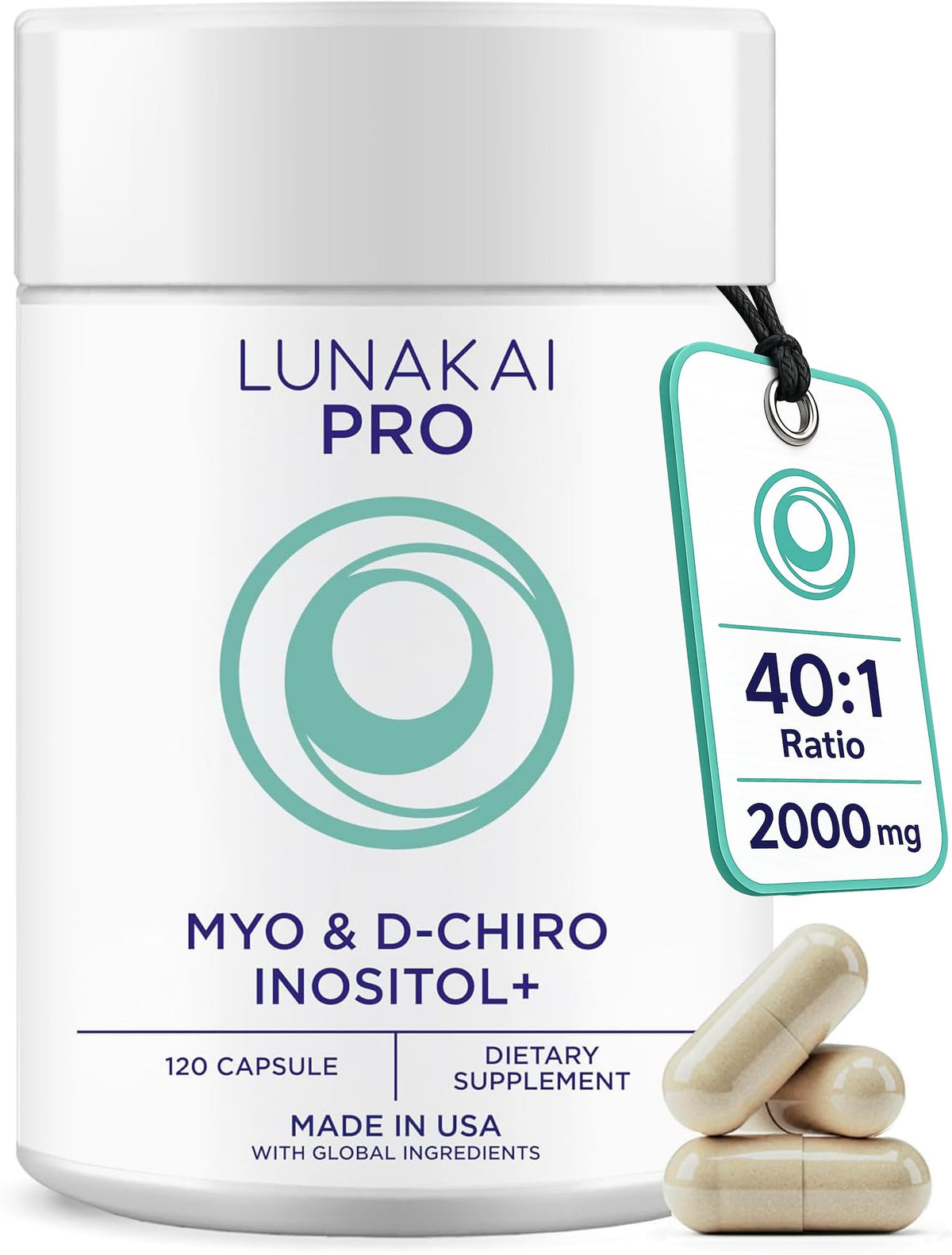 Flacon de Lunakai Myo-Inositol D-Chiro Inositol 2000mg 40:1, 120 capsules