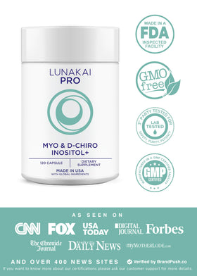 Flacon de Lunakai Myo-Inositol D-Chiro Inositol ouvert avec capsules visibles