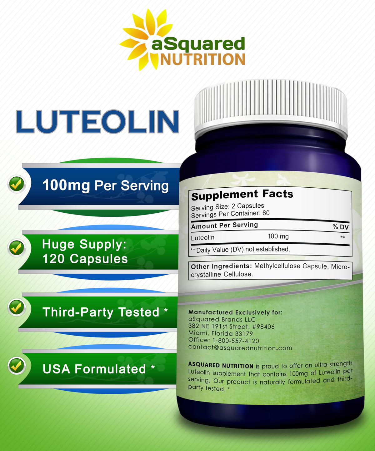 Flacon de Luteolin 100mg 120 capsules aSquared Nutrition avec un fond neutre