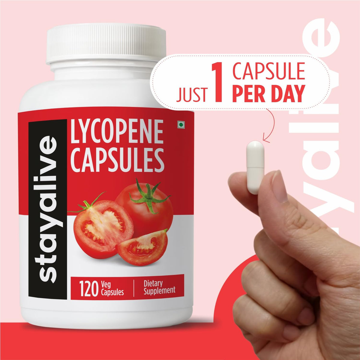 Flacon de lycopène STAYALIVE sur une table en bois