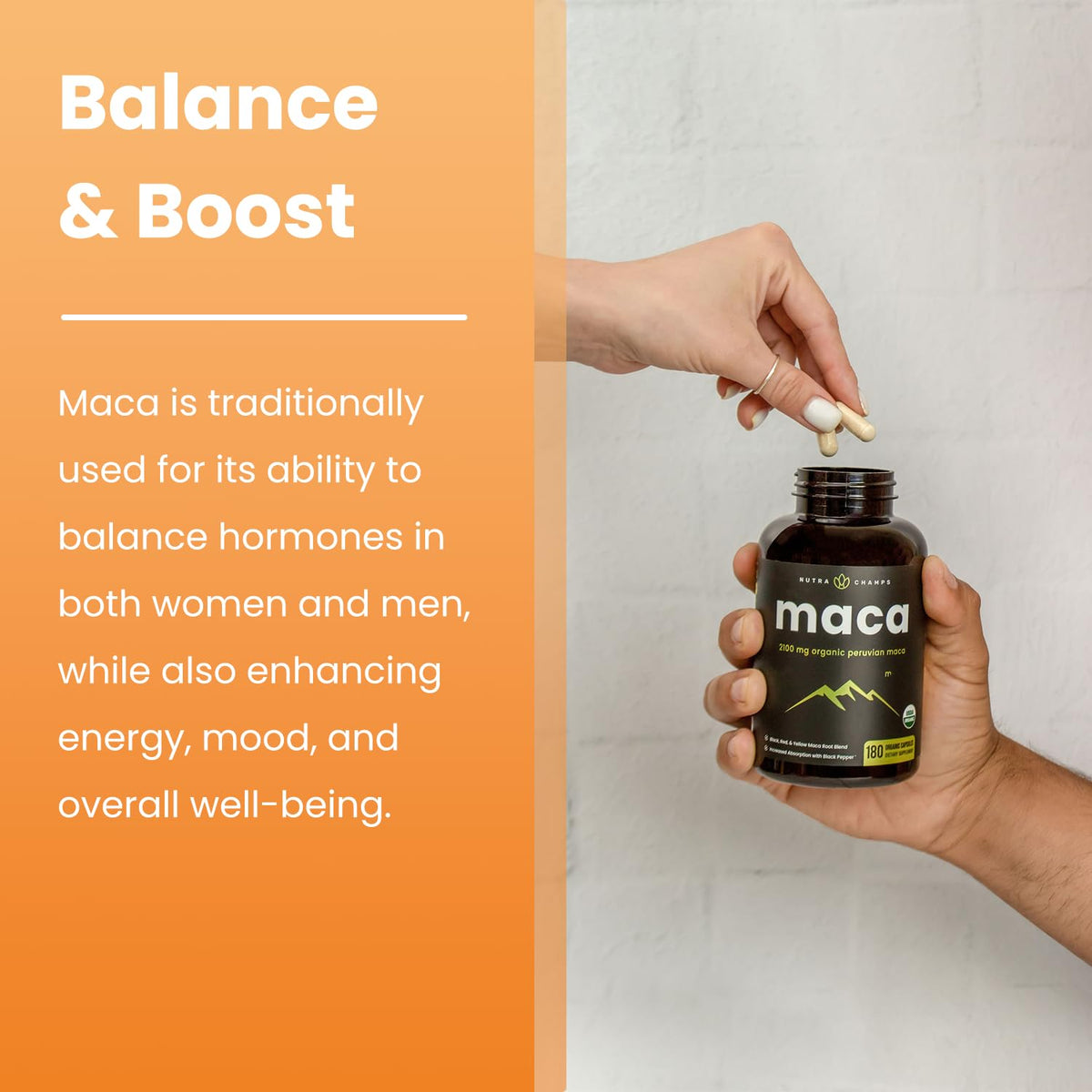 Flacon de Maca Bio NutraChamps avec racines de Maca en arrière-plan