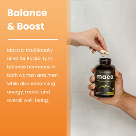 Flacon de Maca Bio NutraChamps avec racines de Maca en arrière-plan