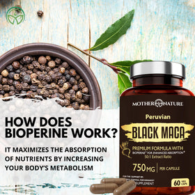 Flacon de Maca Noire Bio ouvert avec capsules visibles