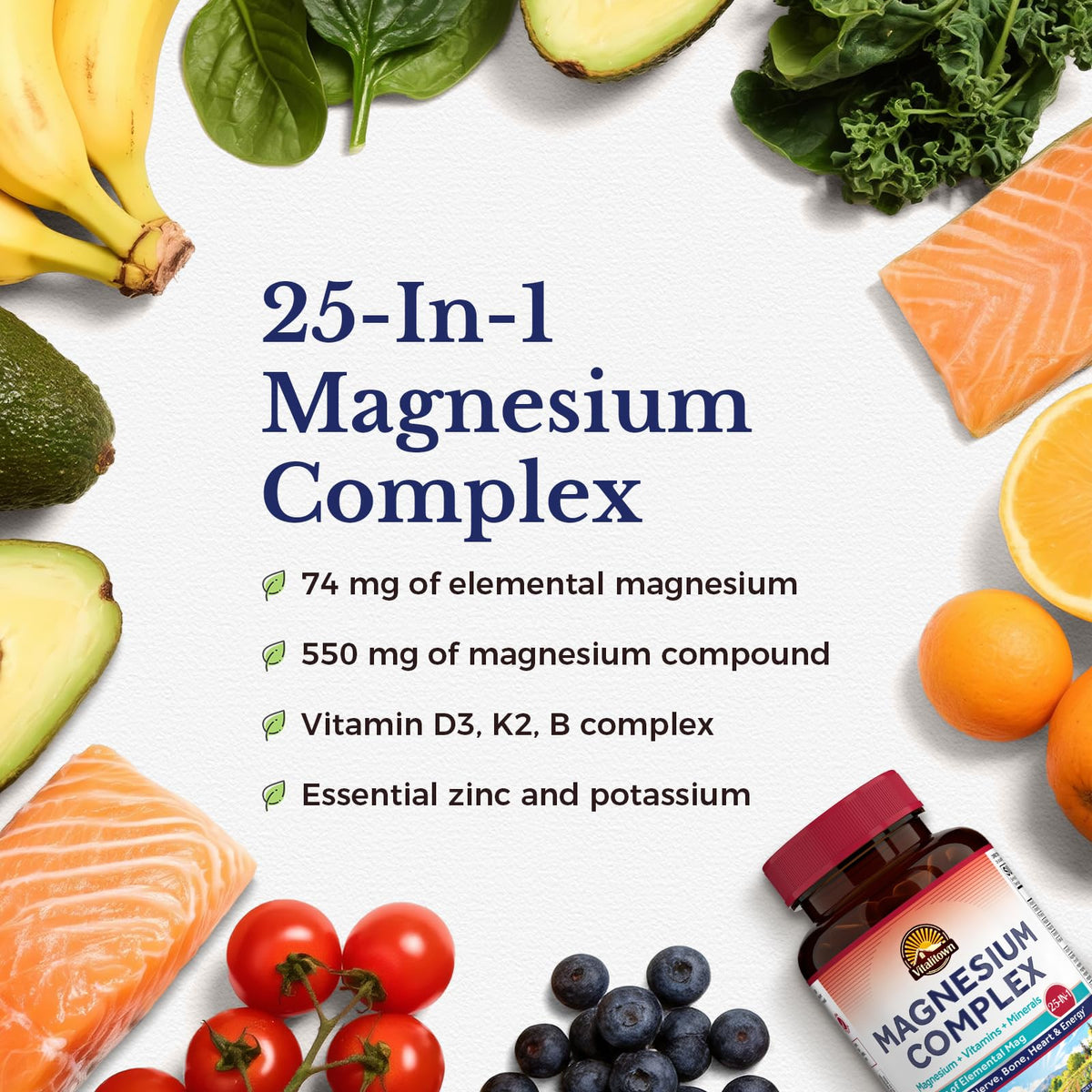 Flacon de Magnésium 120 capsules Vitalitown, étiquette détaillée