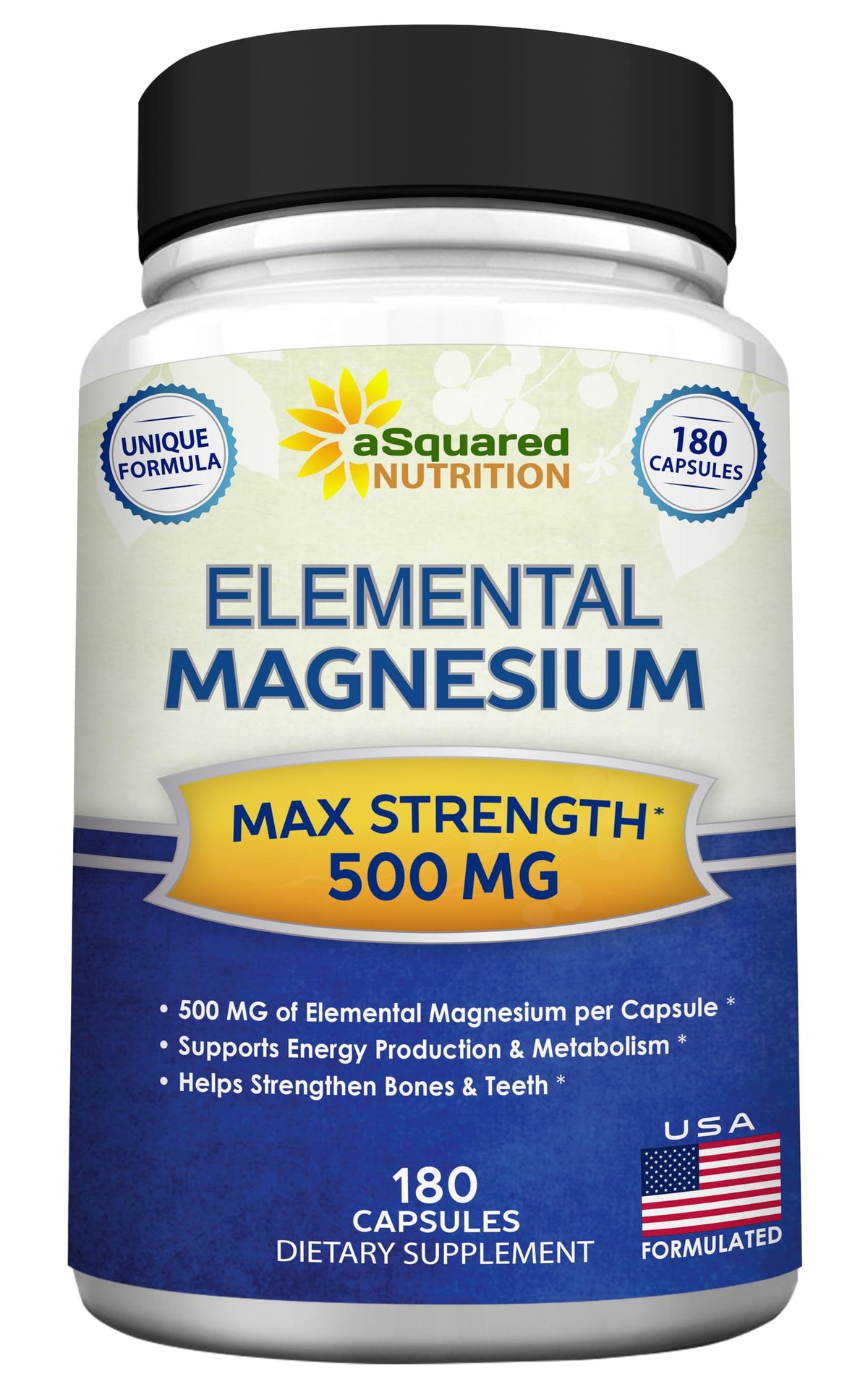 Flacon de magnésium 500mg aSquared Nutrition avec 180 capsules végétales