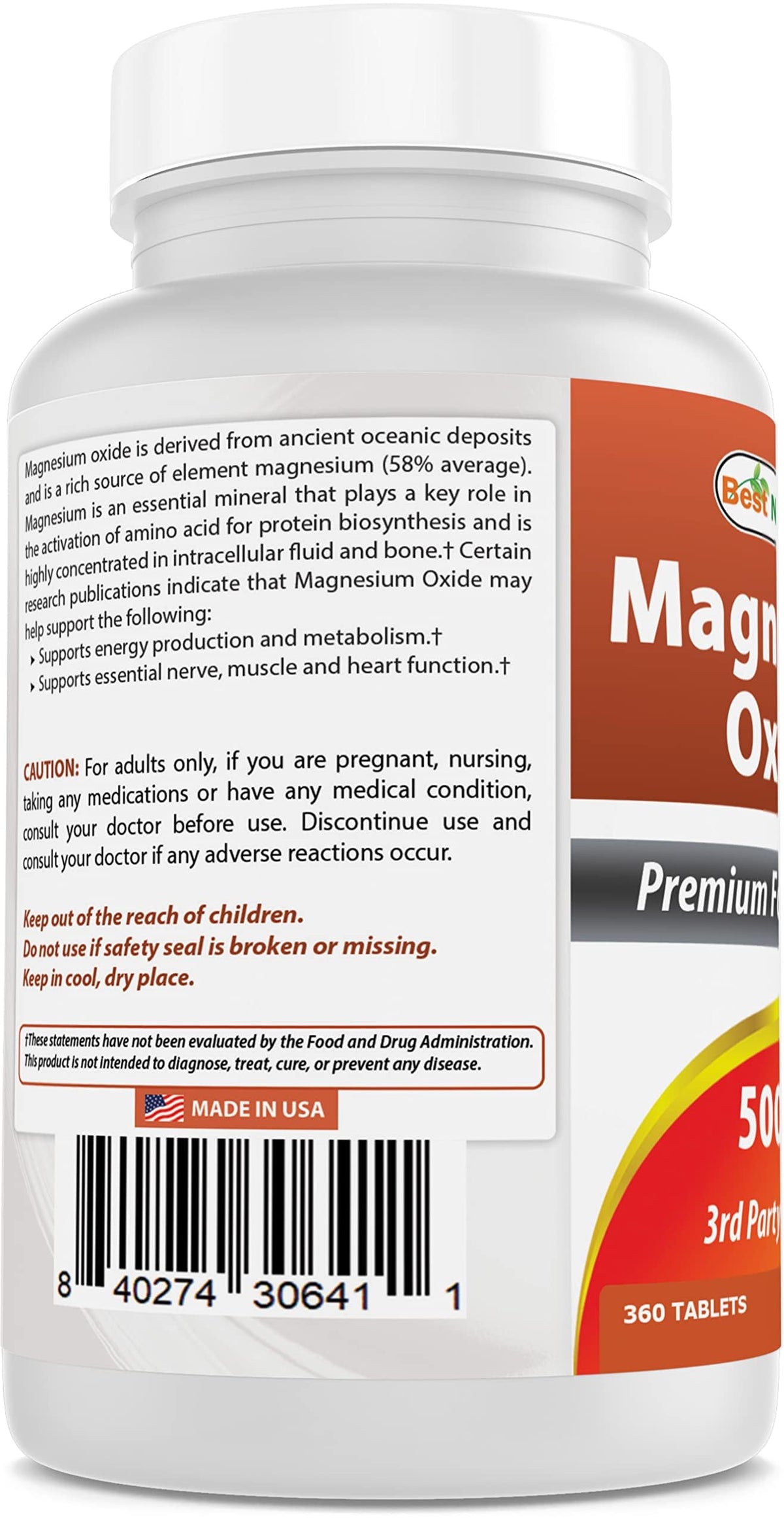 Flacon de magnésium 500mg Best Naturals avec étiquette visible