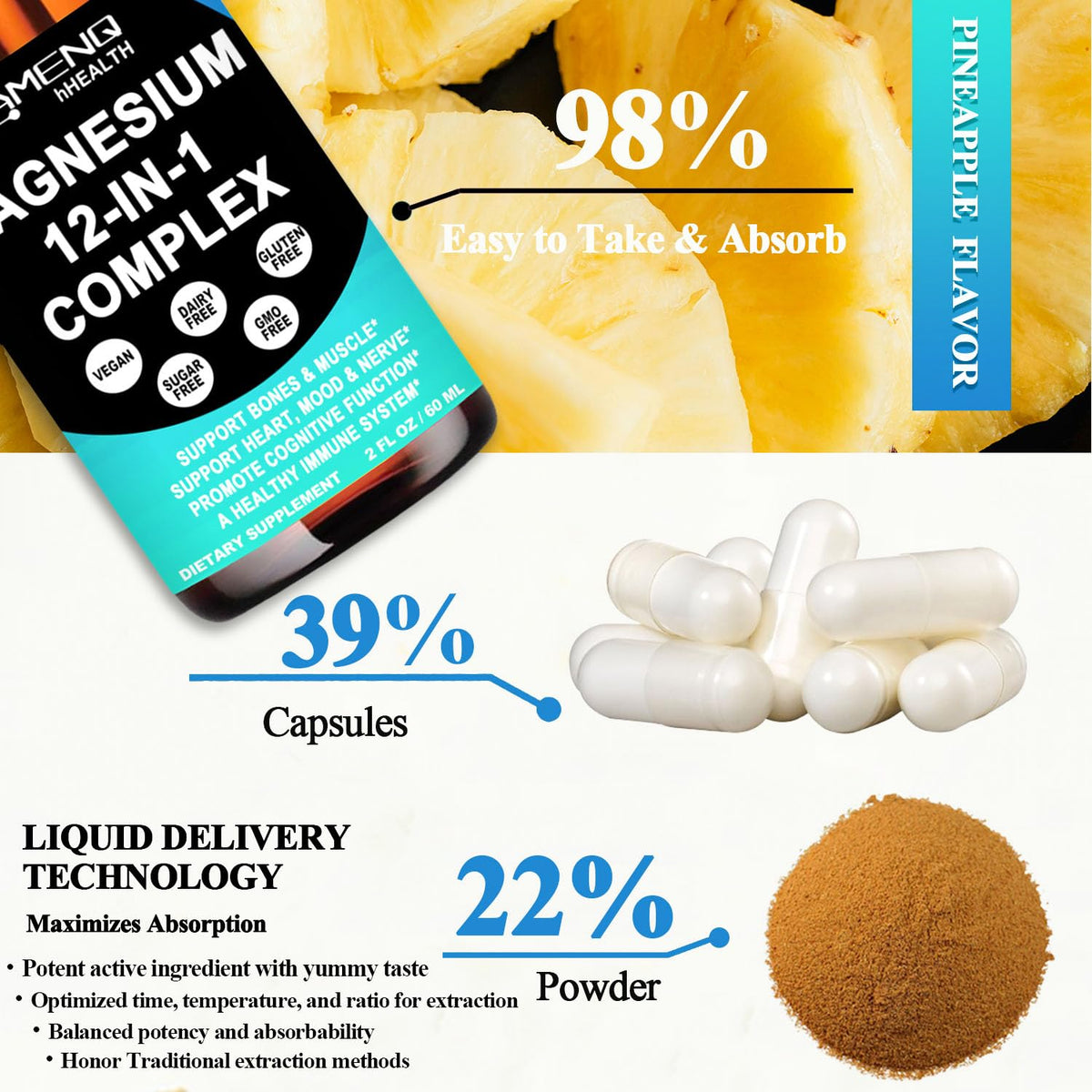 Flacon de magnésium AMENQ hHEALTH sur fond naturel